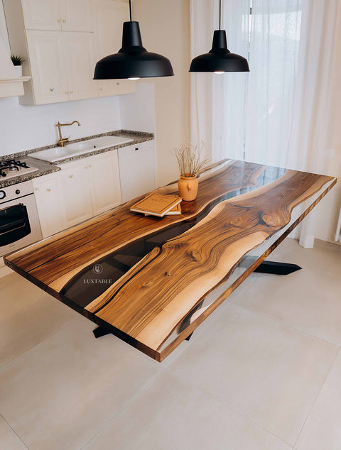 Smoke gray resin table in walnut, custom size La Stella del Mattino