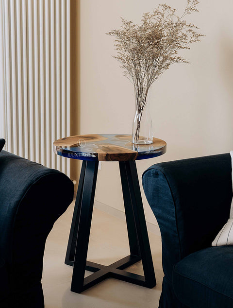 Epoxy coffee table walnut wood and blue resin custom size Serenella
