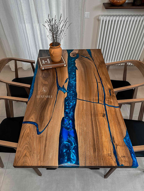 Walnut wood epoxy table with metallic blue resin, custom size Mezzanotte
