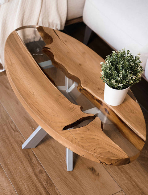 Solid oak coffee table green pigmented epoxy, various sizes Siena