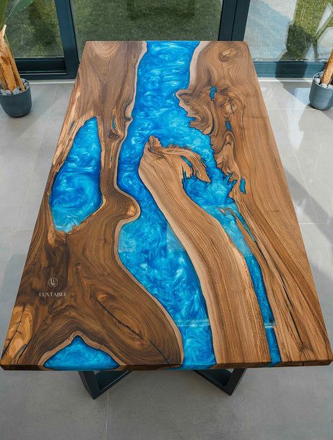 Solid walnut wood table with blue resin 185x90cm Wave