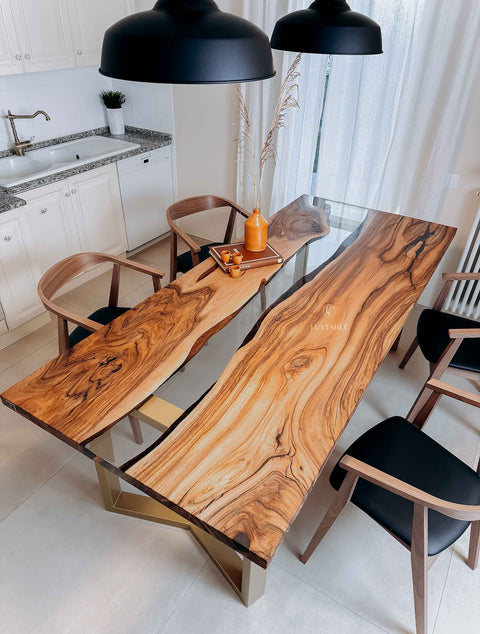 European walnut wood table with clear epoxy 220x95cm Celestina