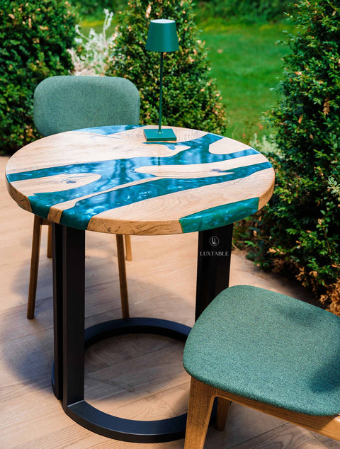 Solid oak resin table with turquoise epoxy 80x80cm Sirena