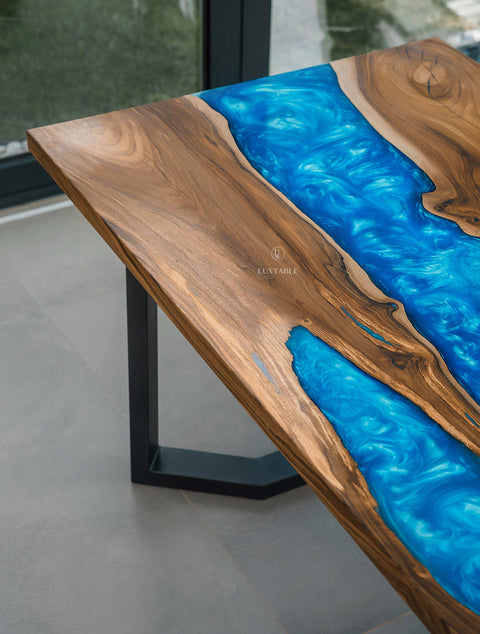 Solid walnut wood table with blue resin 185x90cm Wave