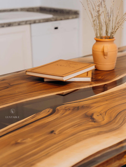 Smoke gray resin table in walnut, custom size La Stella del Mattino