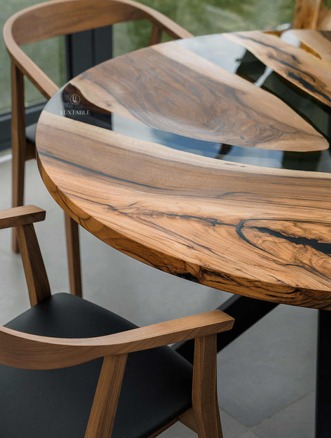 Smoke gray epoxy dining table in walnut wood 130x130cm Crepuscolo