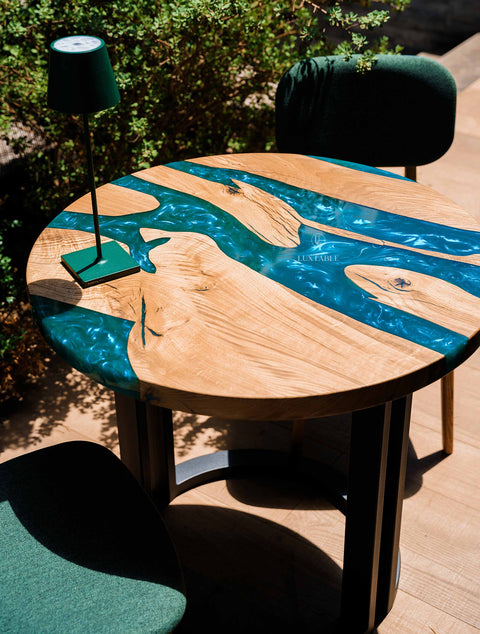 Solid oak resin table with turquoise epoxy 80x80cm Sirena