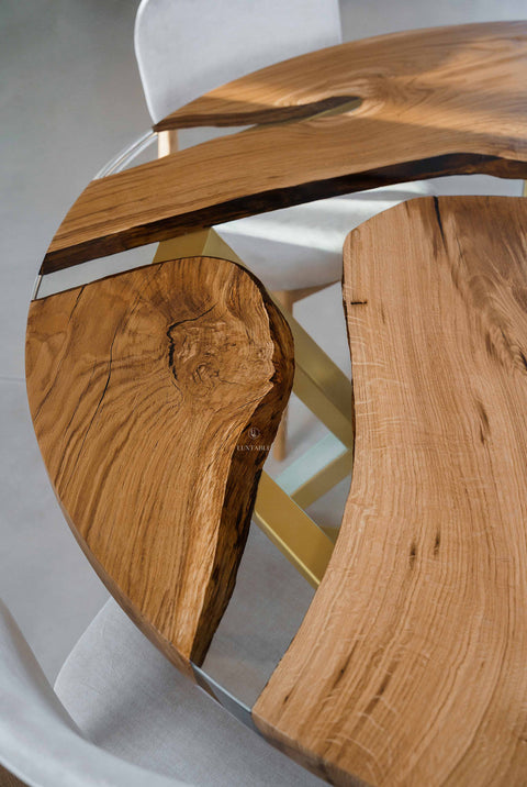 Round resin table in solid oak and clear epoxy, custom size Paris