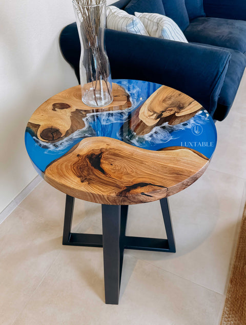 Epoxy coffee table walnut wood and blue resin custom size Serenella