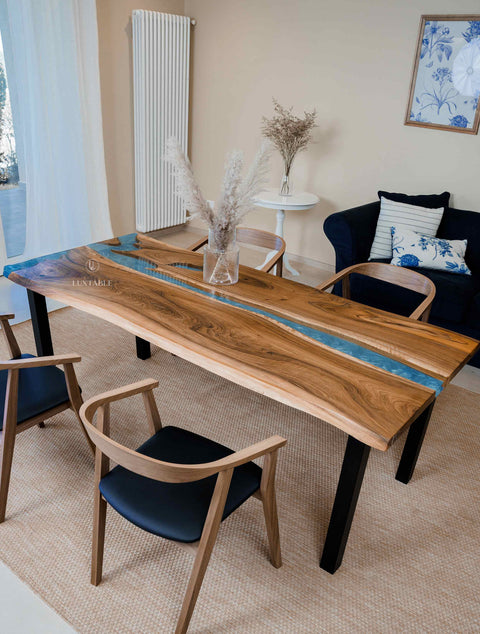 Blue epoxy resin dining table in walnut wood, custom size Capri