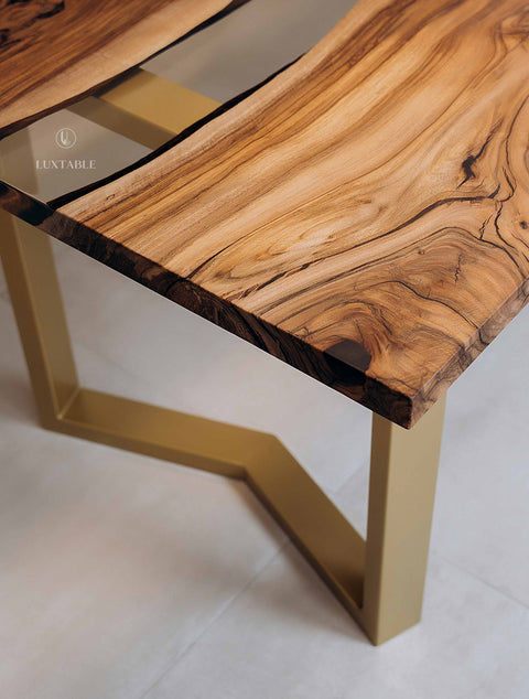 European walnut wood table with clear epoxy 220x95cm Celestina