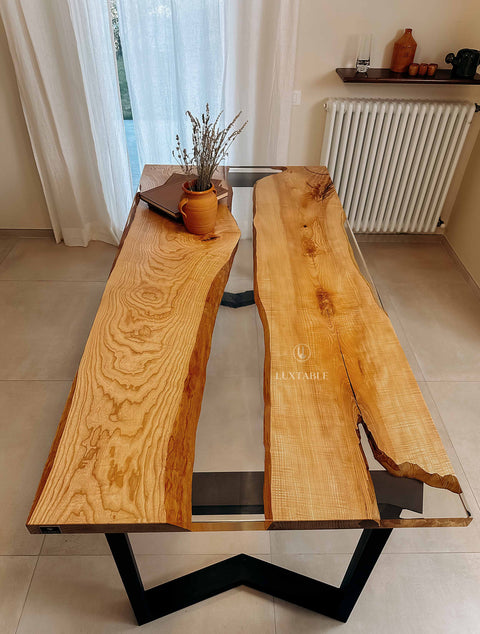 Solid wood dining table with clear epoxy, custom size Fiorenza