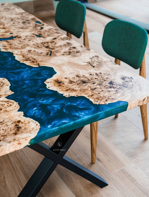 Poplar wood epoxy dining table turquoise resin, custom size Ticino