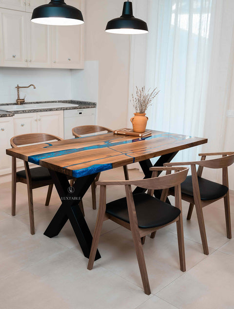 Walnut wood epoxy table with metallic blue resin, custom size Mezzanotte