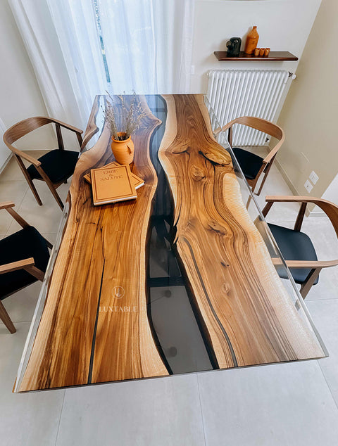 Smoke gray resin table in walnut, custom size La Stella del Mattino