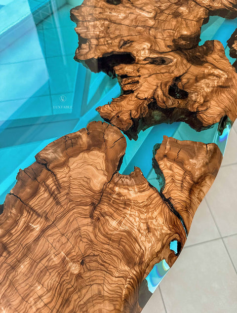 Light blue epoxy resin table in olive root, custom size Dream