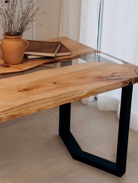 Solid wood dining table with clear epoxy, custom size Fiorenza