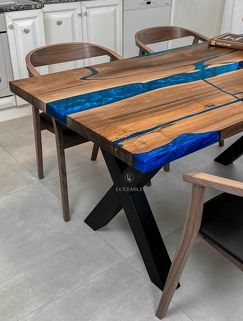 Walnut wood epoxy table with metallic blue resin, custom size Mezzanotte