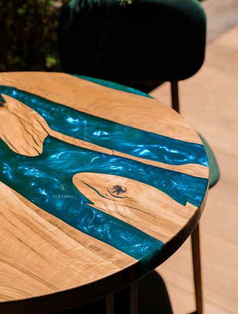 Solid oak resin table with turquoise epoxy 80x80cm Sirena