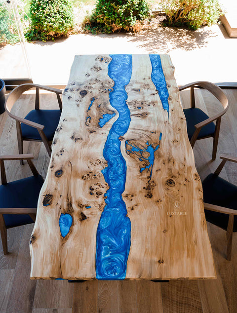 Poplar wood with blue epoxy resin table, custom size Costa Azzurra