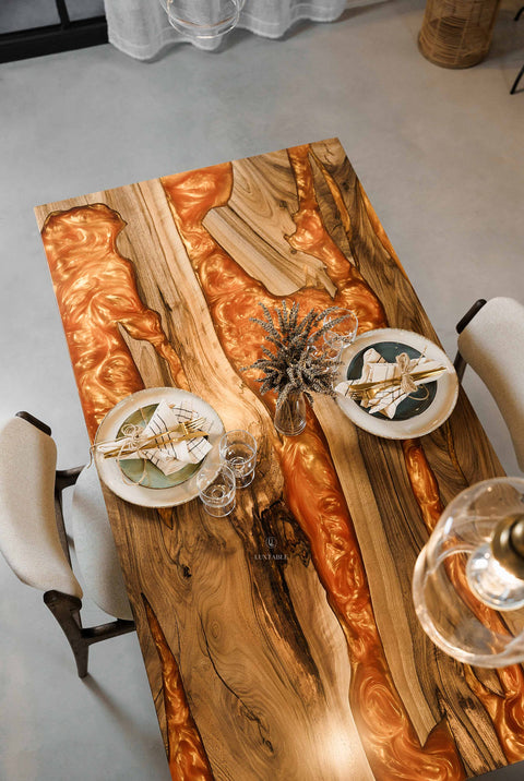 Solid walnut resin table with orange epoxy, custom size Celine