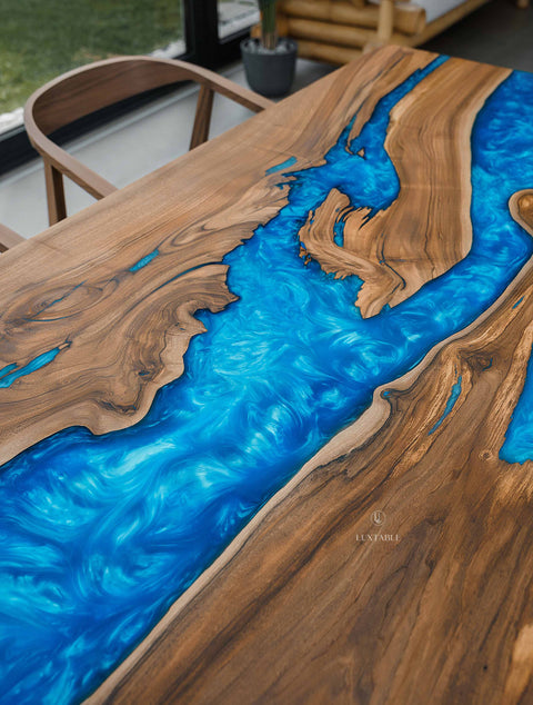 Solid walnut wood table with blue resin 185x90cm Wave