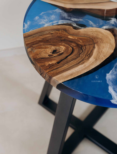 Epoxy coffee table walnut wood and blue resin custom size Serenella