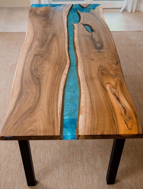 Blue epoxy resin dining table in walnut wood, custom size Capri
