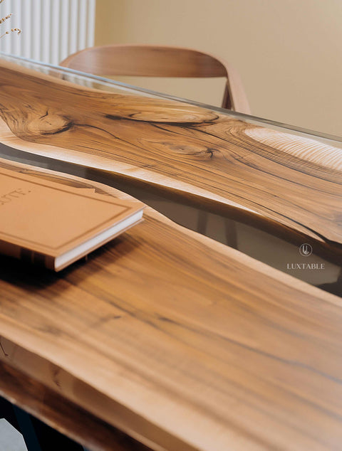 Smoke gray resin table in walnut, custom size La Stella del Mattino