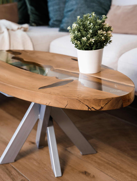 Solid oak coffee table green pigmented epoxy, various sizes Siena