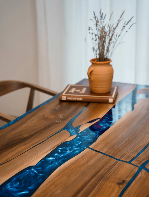 Walnut wood epoxy table with metallic blue resin, custom size Mezzanotte