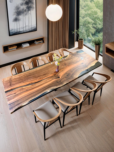 Epoxy table from walnut with smoky resin and live edge Luminoso