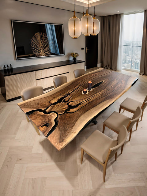 Solid wood table in walnut with smoke matte epoxy Resonance