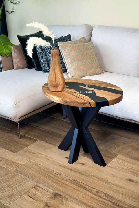 Black epoxy side table in oak solid wood, custom size Terrence
