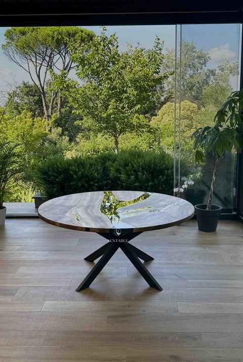 Smoke gray epoxy art table in walnut wood, custom size Brooke
