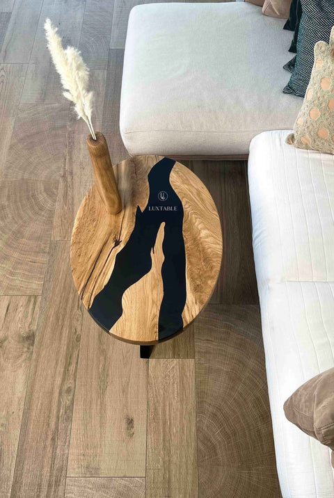 Black epoxy side table in oak solid wood, custom size Terrence