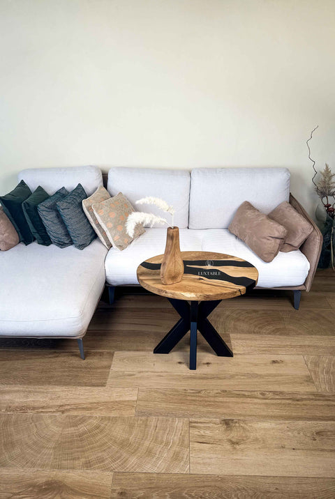 Black epoxy side table in oak solid wood, custom size Terrence