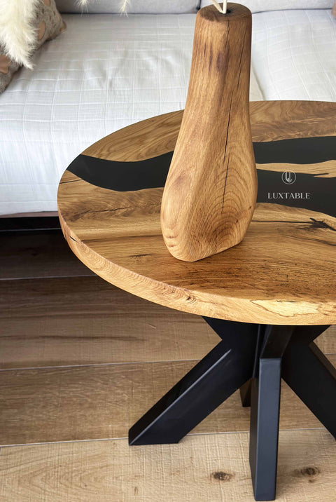 Black epoxy side table in oak solid wood, custom size Terrence