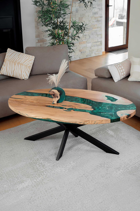 Solid oak coffee table green pigmented epoxy, various sizes Siena