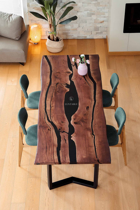 Epoxy table in solid oak and black resin custom size Nocturne