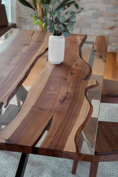 Walnut resin table with clear epoxy, custom size Horizon