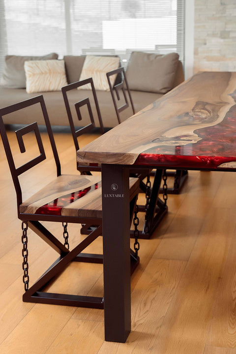 Walnut wood dining table with red epoxy resin 230x85cm Vesuvio