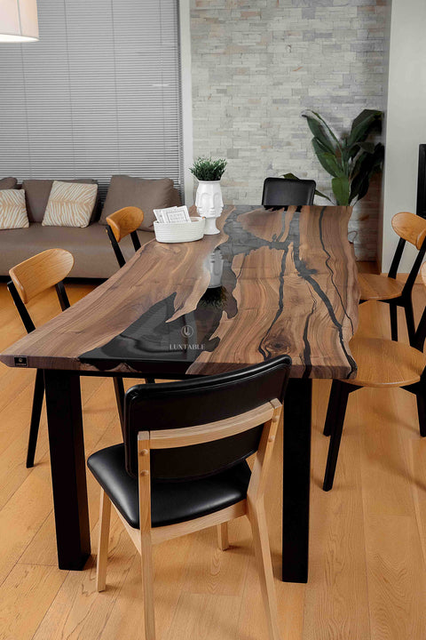Solid walnut wood dining table smoke gray epoxy, custom size Riverstone
