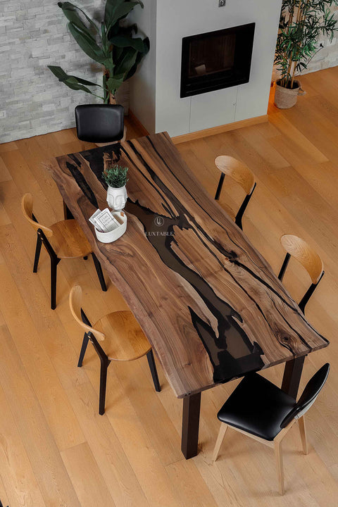 Solid walnut wood dining table smoke gray epoxy, custom size Riverstone