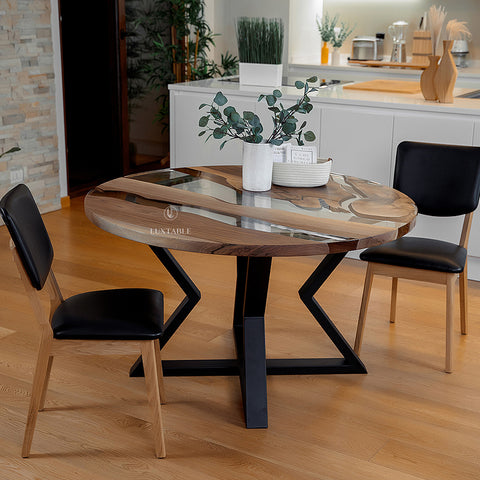 Walnut wood dining table with clear epoxy 130x130cm Eclissi