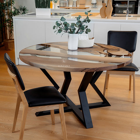 Walnut wood dining table with clear epoxy 130x130cm Eclissi