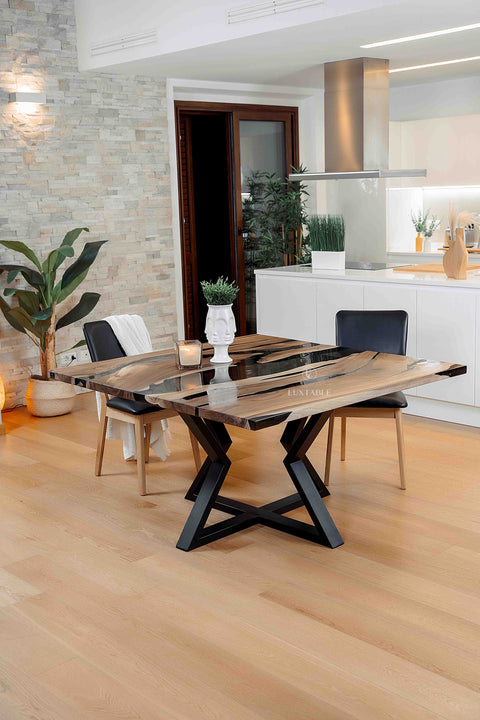 Solid walnut resin table with smoke gray epoxy, custom size Chillout