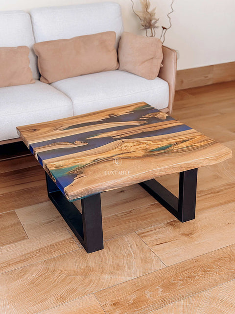 Walnut wood coffee table with blue-green epoxy, custom size Ocean Breeze