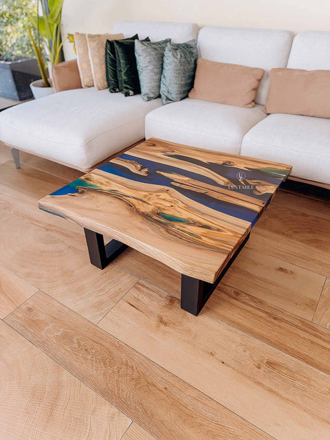 Walnut wood coffee table with blue-green epoxy, custom size Ocean Breeze