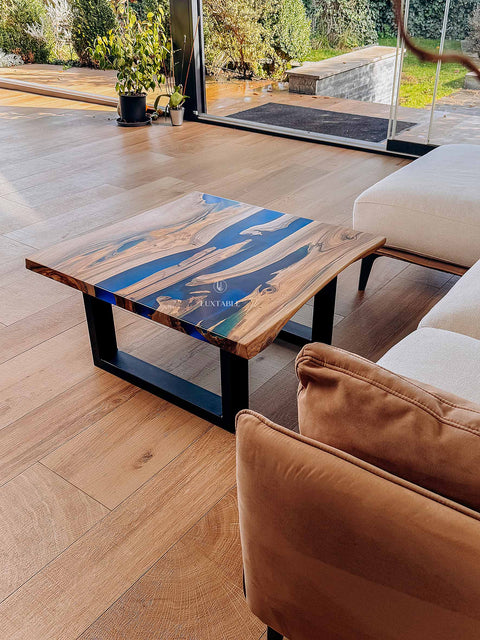 Walnut wood coffee table with blue-green epoxy, custom size Ocean Breeze